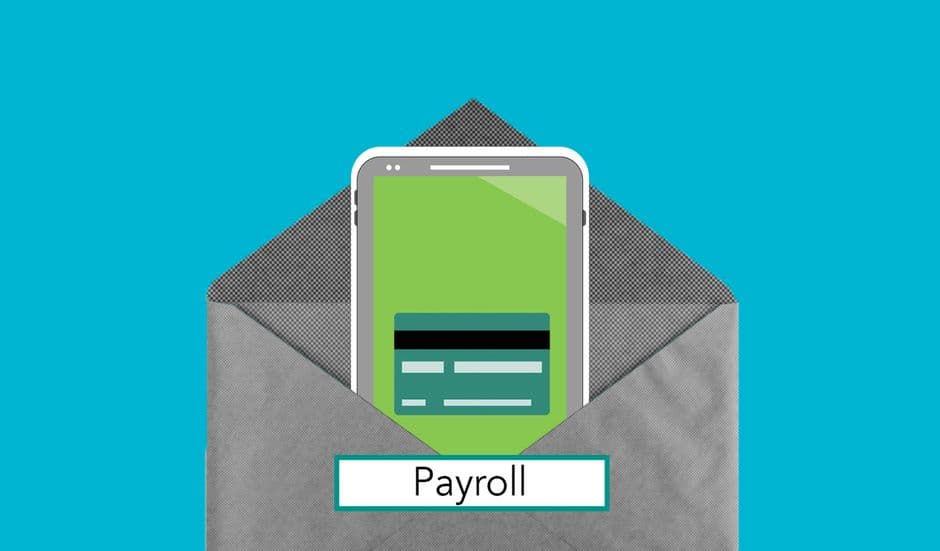 Decorative cardboard illustration of cellphone with application on screen in envelope with Payroll inscription on blue background
